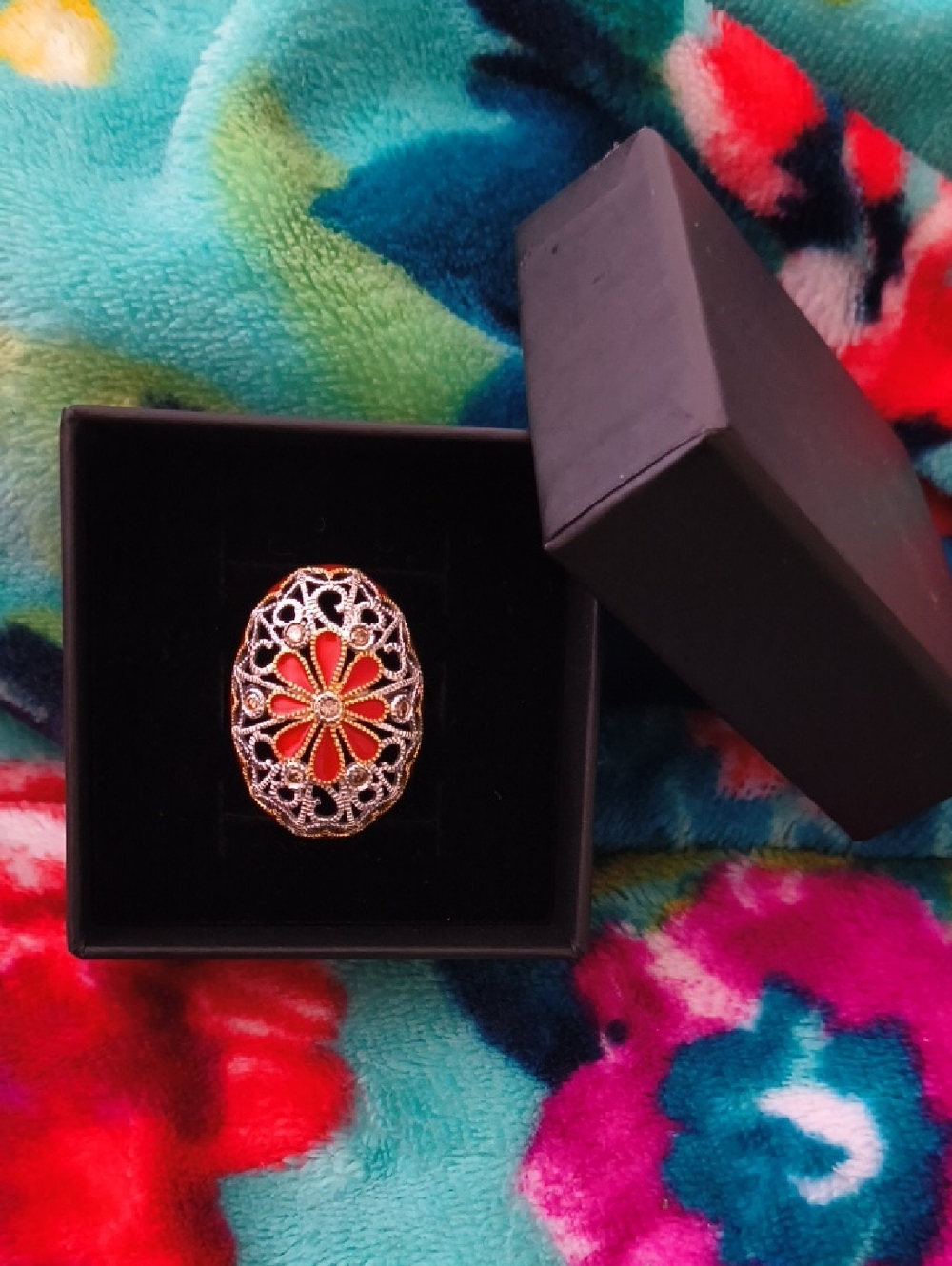 STUNNING Estate Find Sterling Silver Ring With Orange Enamel And Smoky Quartz
